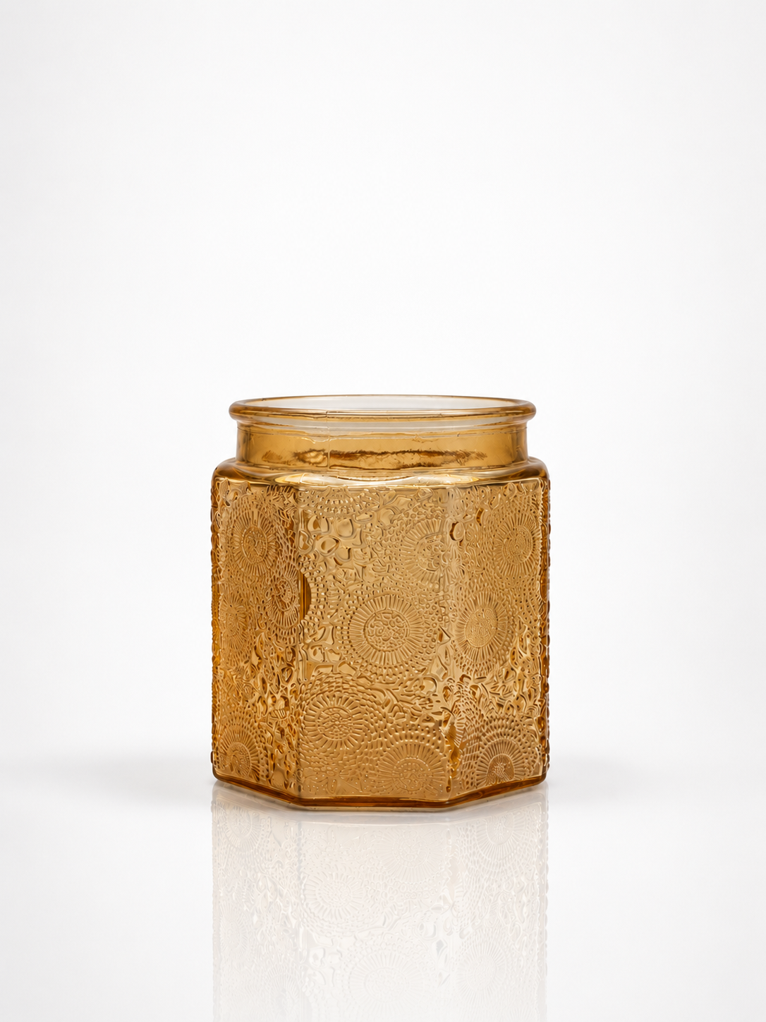 Amber hexagonal floral-embossed jar